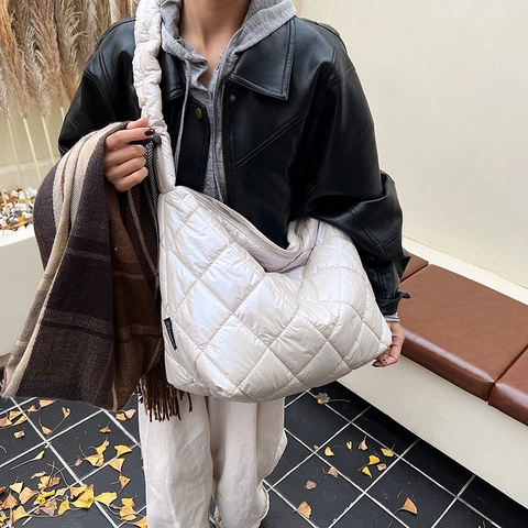 Borsa A Spalla Trapuntata Da Donna Grande Capacità Borsa Tote Imbottita A Rombi Con Tracolla Arricciata Borsa A Nuvola Chic