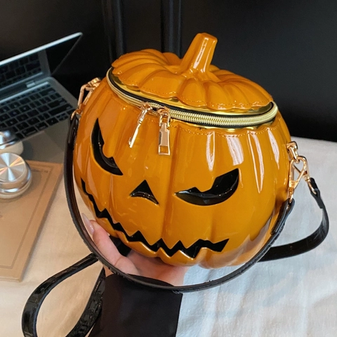 Pumpkin Shape Halloween Crossbody Bag Glossy PVC Jack O Lantern Face Top Handle Handbag For Women