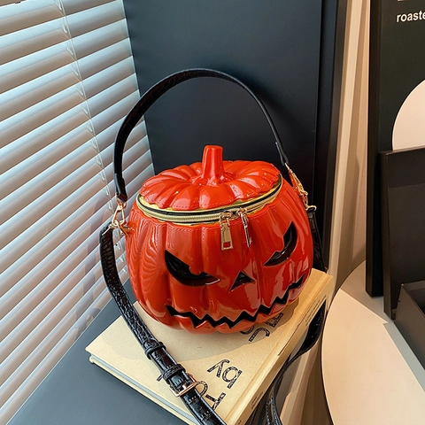 Pumpkin Shape Halloween Crossbody Bag Glossy PVC Jack O Lantern Face Top Handle Handbag For Women