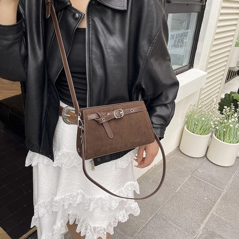 Vintage Wildleder PU Leder Unterarm Schultertasche Für Frauen Retro Quadratische Umhängetasche Mit Silberschnalle