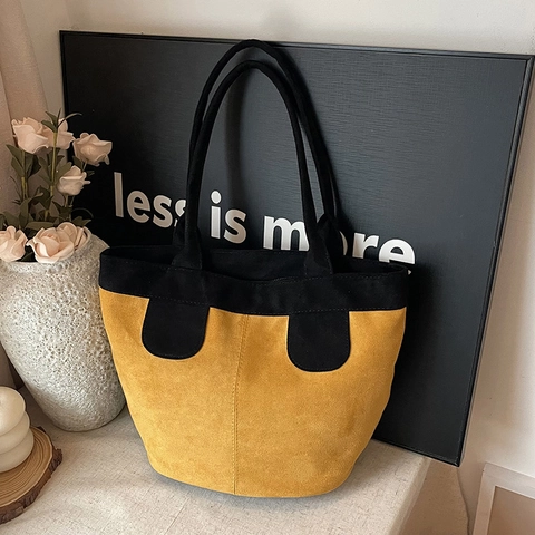 Grand Sac Fourre Tout Pour Femme En Simili Cuir Suédé Mat Design Color Block Sac À Épaule Rétro Simple Pour Le Quotidien