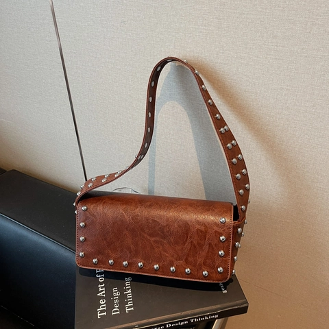 Vintage Rivet Studded Underarm Shoulder Bag PU Leather Wide Strap Y2K Punk Retro Rectangular Baguette Bag For Women