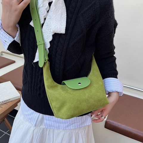 Suede Patchwork Hobo Bag For Women Retro Dumpling Shape PU Leather Shoulder Crossbody Handbag With Zipper And Snap Closure