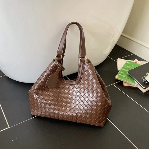 Damen Gewebte PU Leder Tragetasche Große Kapazität Vintage Pendeln Handtasche Umhängetasche Mit Kleiner Tasche