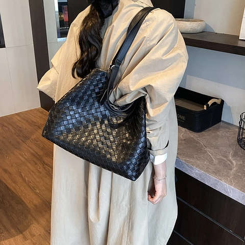 Damen Gewebte PU Leder Tragetasche Große Kapazität Vintage Pendeln Handtasche Umhängetasche Mit Kleiner Tasche