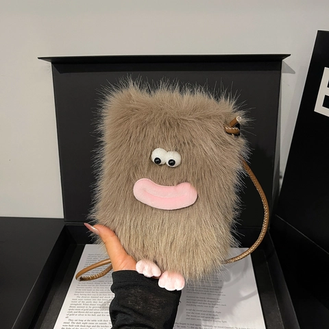 Cartoon Monster Plüsch Umhängetasche Kunstfell Große Augen Dicke Lippen Süße Schulter Handytasche Für Damen Mädchen