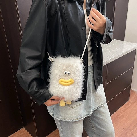 Cartoon Monster Plüsch Umhängetasche Kunstfell Große Augen Dicke Lippen Süße Schulter Handytasche Für Damen Mädchen
