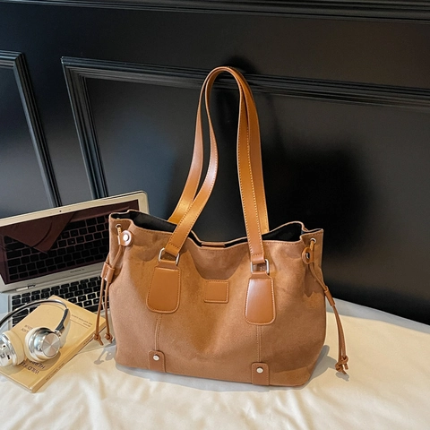 Vintage Matte PU Suède Tote Bag Grote Capaciteit Koord Schoudertas Retro Woon-Werk Handtas