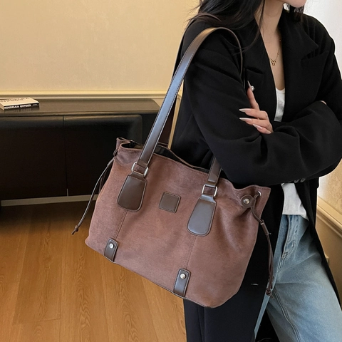 Vintage Matte PU Suède Tote Bag Grote Capaciteit Koord Schoudertas Retro Woon-Werk Handtas
