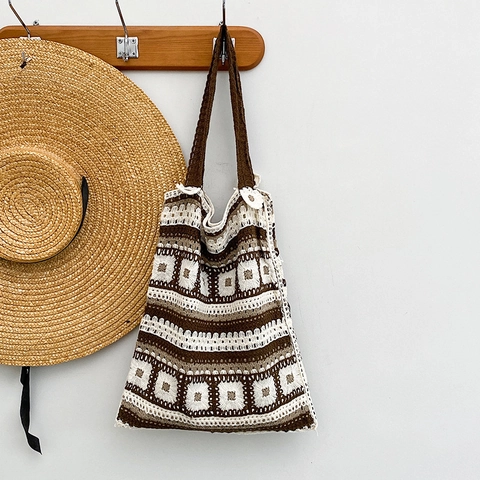 Crochet Knitted Tote Bag Hollow Out Bohemian Shoulder Bag Vintage Ethnic Style Geometric Pattern Large Capacity