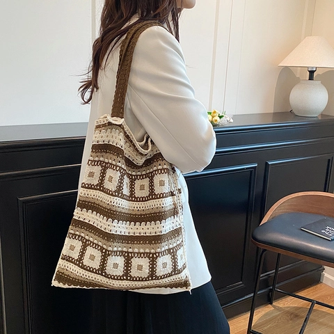 Crochet Knitted Tote Bag Hollow Out Bohemian Shoulder Bag Vintage Ethnic Style Geometric Pattern Large Capacity