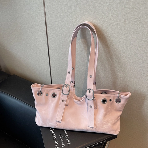Retro Distressed PU Leather Tote Bag Large Capacity Underarm Shoulder Purse With Metal Grommets And Buckle Straps Women