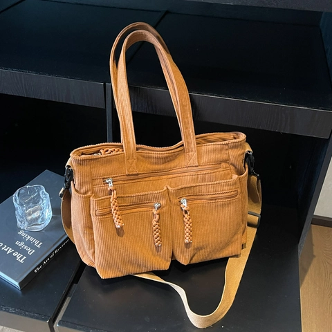 Women Corduroy Large Capacity Tote Bag Multi Pocket Vintage Casual Crossbody Handbag For Commuting Daily Adjustable Strap