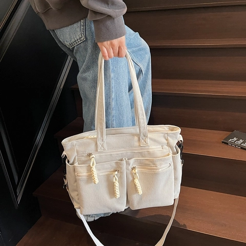 Women Corduroy Large Capacity Tote Bag Multi Pocket Vintage Casual Crossbody Handbag For Commuting Daily Adjustable Strap