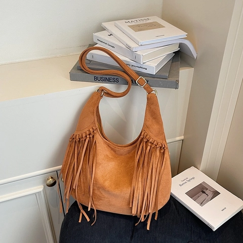 Böhmische Wildleder Hobo Umhängetasche Mit Fransen Große Kapazität Vintage Stil Für Damen