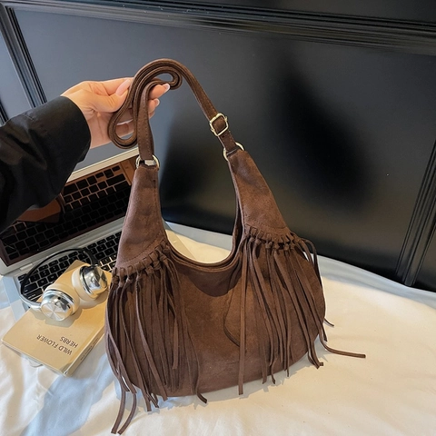 Böhmische Wildleder Hobo Umhängetasche Mit Fransen Große Kapazität Vintage Stil Für Damen