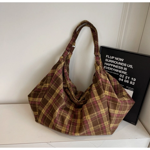 Borsa Tote Vintage a Quadri di Grande Capacità da Donna Casual in Tessuto Borsa a Tracolla Retro Tartan Hobo Handbag Lavoro