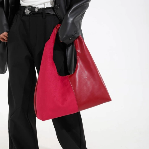 French Retro Hobo Shoulder Bag PU Leather And Faux Suede Patchwork Large Capacity Niche Design Handbag For Women
