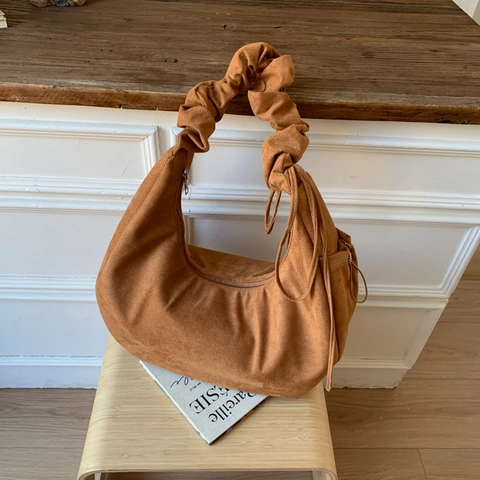 Bolso Hobo Para Mujer Material De Gamuza Correa Fruncida Gran Capacidad Media Luna Retro Bolso De Hombro