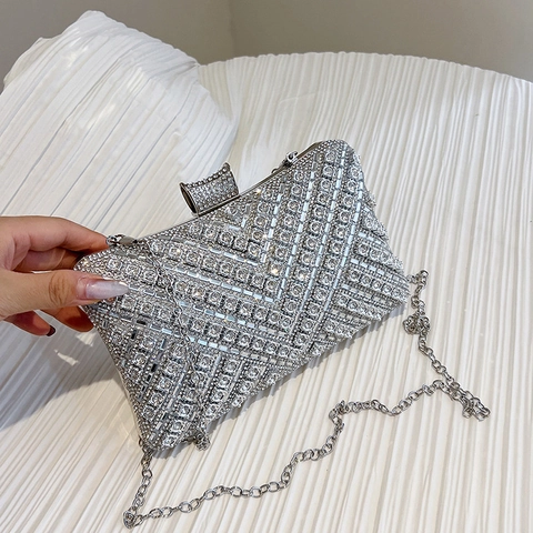 Luxus Straß Abend Clutch Tasche Geometrisches Muster Hartschale Handtasche Mit Kette Für Hochzeit Party Formelle Veranstaltung