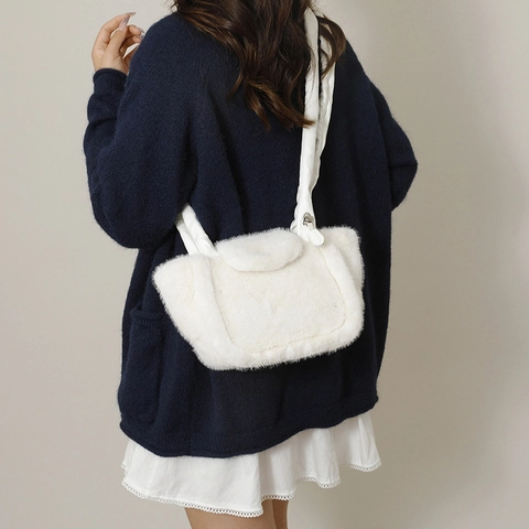 Bolso de Hombro de Peluche de Piel Sintética a la Moda para Mujer Asa Fruncida Bolso de Cubo Cálido de Invierno Color Sólido