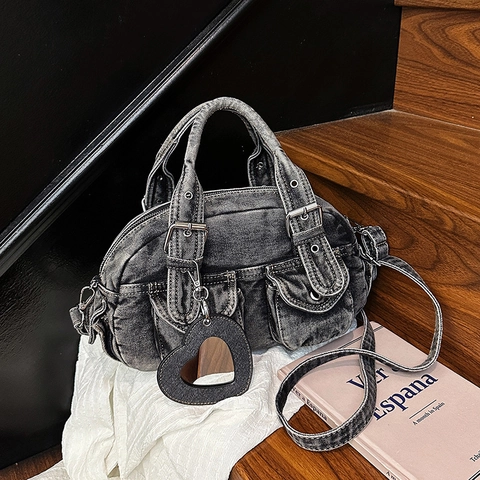 Sac À Main Bandoulière Vintage En Jean Délavé Avec Charme Miroir Coeur Style Y2K Biker Multi Poches Pour Femmes