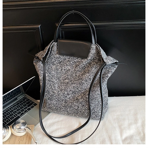 Große Kapazität Tweed Tote Bag Damen Retro Vintage Schultertasche Handtasche Pendeln Büro Mode Accessoire