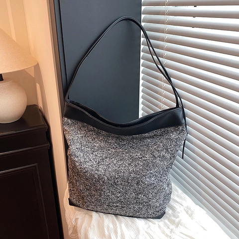 Große Kapazität Tweed Tote Bag Damen Retro Vintage Schultertasche Handtasche Pendeln Büro Mode Accessoire