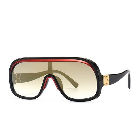 Oversized Shield Sonnenbrille Damen Herren Retro Flat Top Einteilige Sonnenbrille Mit Gold Metall Nieten UV400 PC Glas Mode Brillen