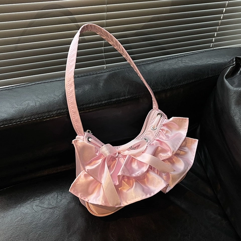 Bolso De Axila De Satén Con Volantes Bolso De Hombro Plisado Con Lazo Estilo Dulce Y2K Para Mujer