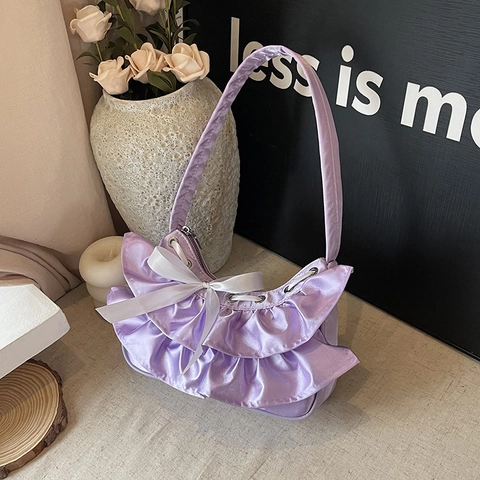 Bolso De Axila De Satén Con Volantes Bolso De Hombro Plisado Con Lazo Estilo Dulce Y2K Para Mujer