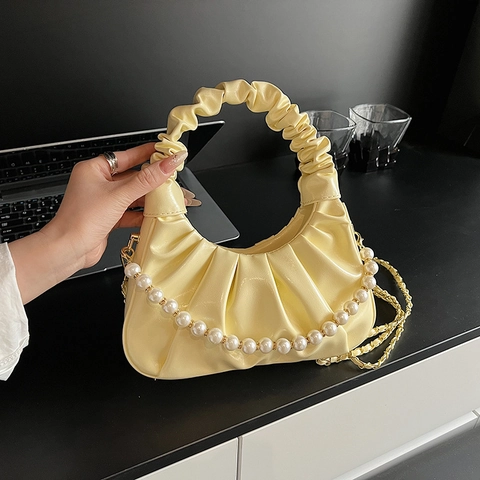 Borsa A Tracolla A Nuvola Plissettata Da Donna In Pelle PU Con Catena Di Künstliche Perle Borsa A Mano Moda Versatile