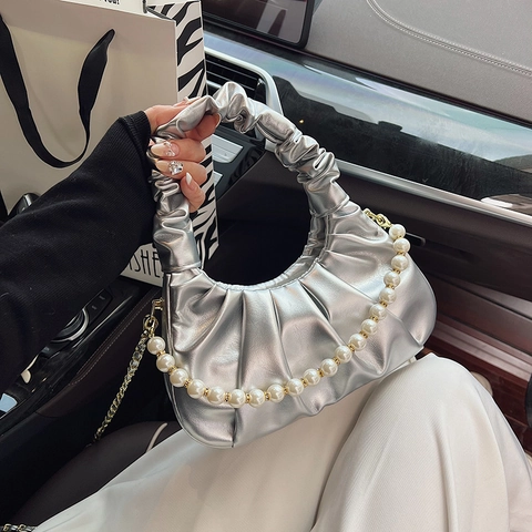 Borsa A Tracolla A Nuvola Plissettata Da Donna In Pelle PU Con Catena Di Künstliche Perle Borsa A Mano Moda Versatile