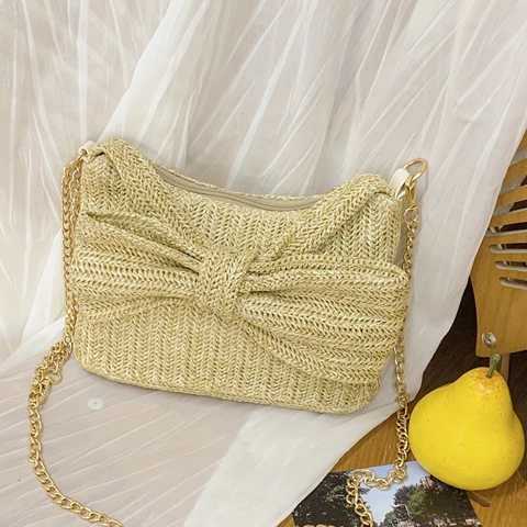 Damen Strohgewebte Umhängetasche Mit Großer Schleife Sommer Strand Schultertasche Metallkettenriemen Reißverschluss Sweet Boho