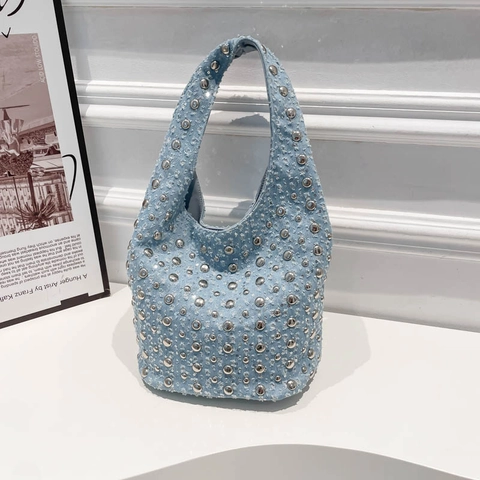 Nieten Denim Hobo Tasche Vintage Y2K Silberne Nieten Schultertasche Damen Lässig Vielseitig Eimer Stil