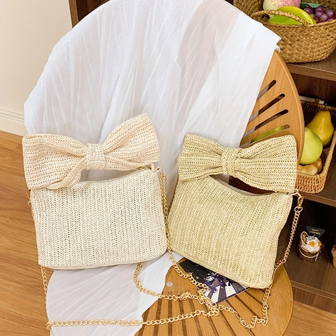 Damen Strohgewebte Umhängetasche Mit Großer Schleife Sommer Strand Schultertasche Metallkettenriemen Reißverschluss Sweet Boho