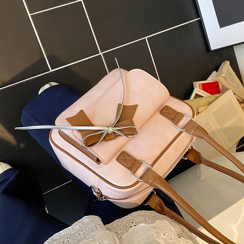 Borsa A Mano Donna Fiocco Pelle PU Denim Borsa A Tracolla Vintage Stile Coreano Borsa A Spalla Con Tasca Frontale