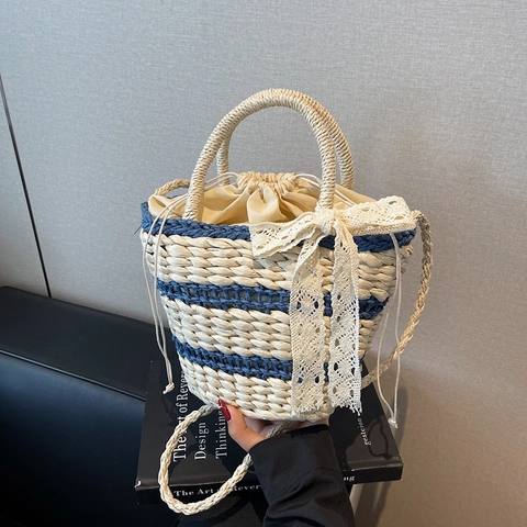 Stroh Beuteltasche Gewebte Streifen Handtasche Mit Spitze Schleife Kordelzug Sommer Urlaub Mori Stil Schulter Umhängetasche Für Damen