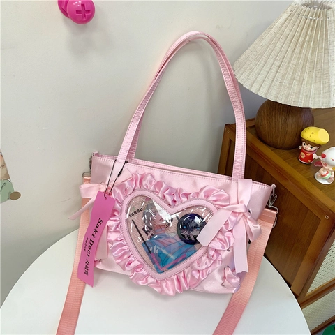 Japanese Anime Style Ita Bag For Women Sweet Heart Transparent Window Ruffle Satin Tote Bag Large Capacity Crossbody Bag For Badges Pins