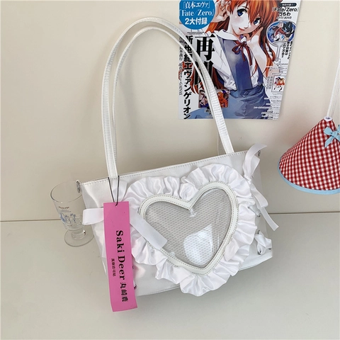 Japanese Anime Style Ita Bag For Women Sweet Heart Transparent Window Ruffle Satin Tote Bag Large Capacity Crossbody Bag For Badges Pins