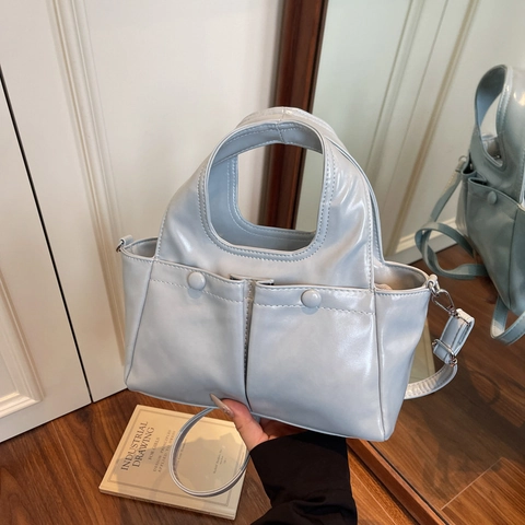 Borsa A Tracolla Donna Pelle PU Lucida Borsa A Mano Con Due Tasche Frontali Commuter Design Di Nicchia Stile Tote Minimalista