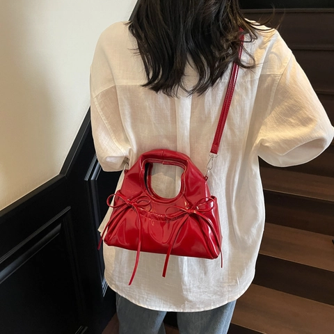 Borsa A Tracolla In Pelle PU Lucida Con Fiocco Forma Dumpling Borsa A Mano Stile Coreano Versatile Per Donne Moda
