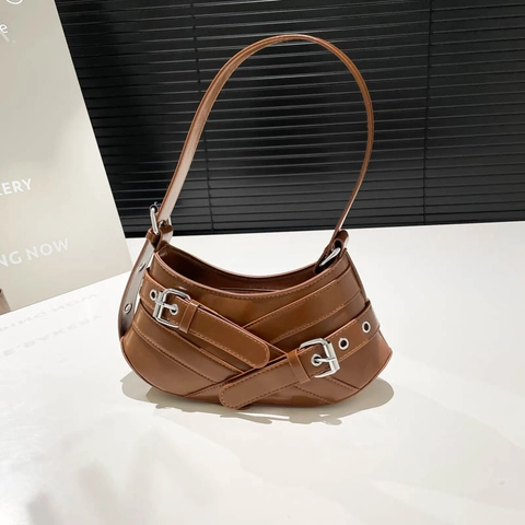 Women Underarm Bag PU Leather Crescent Half Moon Shoulder Bag With Cross Buckle Straps Y2K Punk Trendy Motorcycle Style