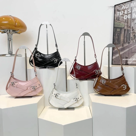 Women Underarm Bag PU Leather Crescent Half Moon Shoulder Bag With Cross Buckle Straps Y2K Punk Trendy Motorcycle Style