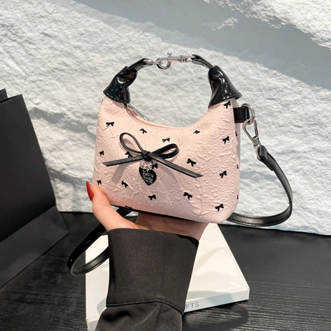 Mini Crossbody Bag For Women Quilted Fabric PU With Bowknot Print Heart Charm Sweet Retro Handbag Small Square Purse