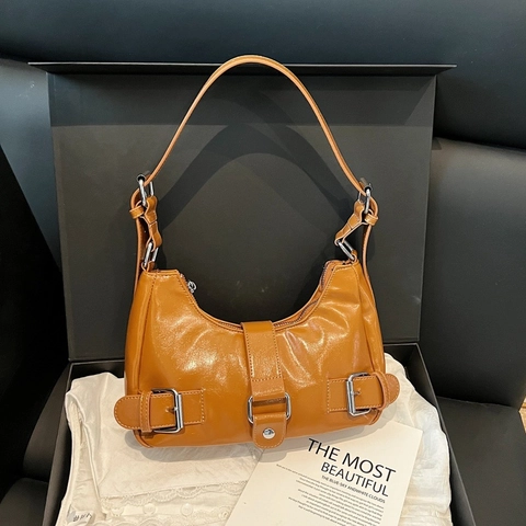 Women Underarm Bag Glossy PU Leather Silver Buckle Moto Style Retro Hobo Bag Adjustable Strap Shoulder Handbag