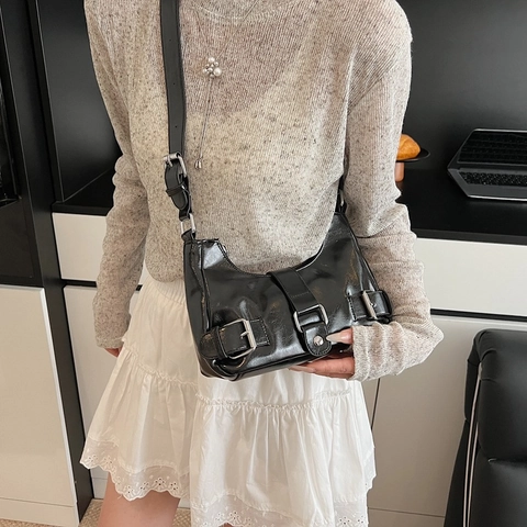 Women Underarm Bag Glossy PU Leather Silver Buckle Moto Style Retro Hobo Bag Adjustable Strap Shoulder Handbag