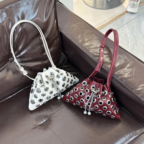 Punk Rivet Eyelet Triangular Bucket Bag For Women PU Leather Artificial Pearl Chain Drawstring Crossbody Shoulder Handbag