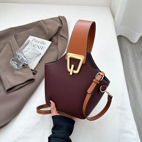 Bolso De Cubo Elegante De Cuero PU Grano Litchi Color Contraste Bolso De Mano Bandolera Herrajes Dorados Para Mujeres