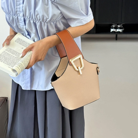 Bolso De Cubo Elegante De Cuero PU Grano Litchi Color Contraste Bolso De Mano Bandolera Herrajes Dorados Para Mujeres